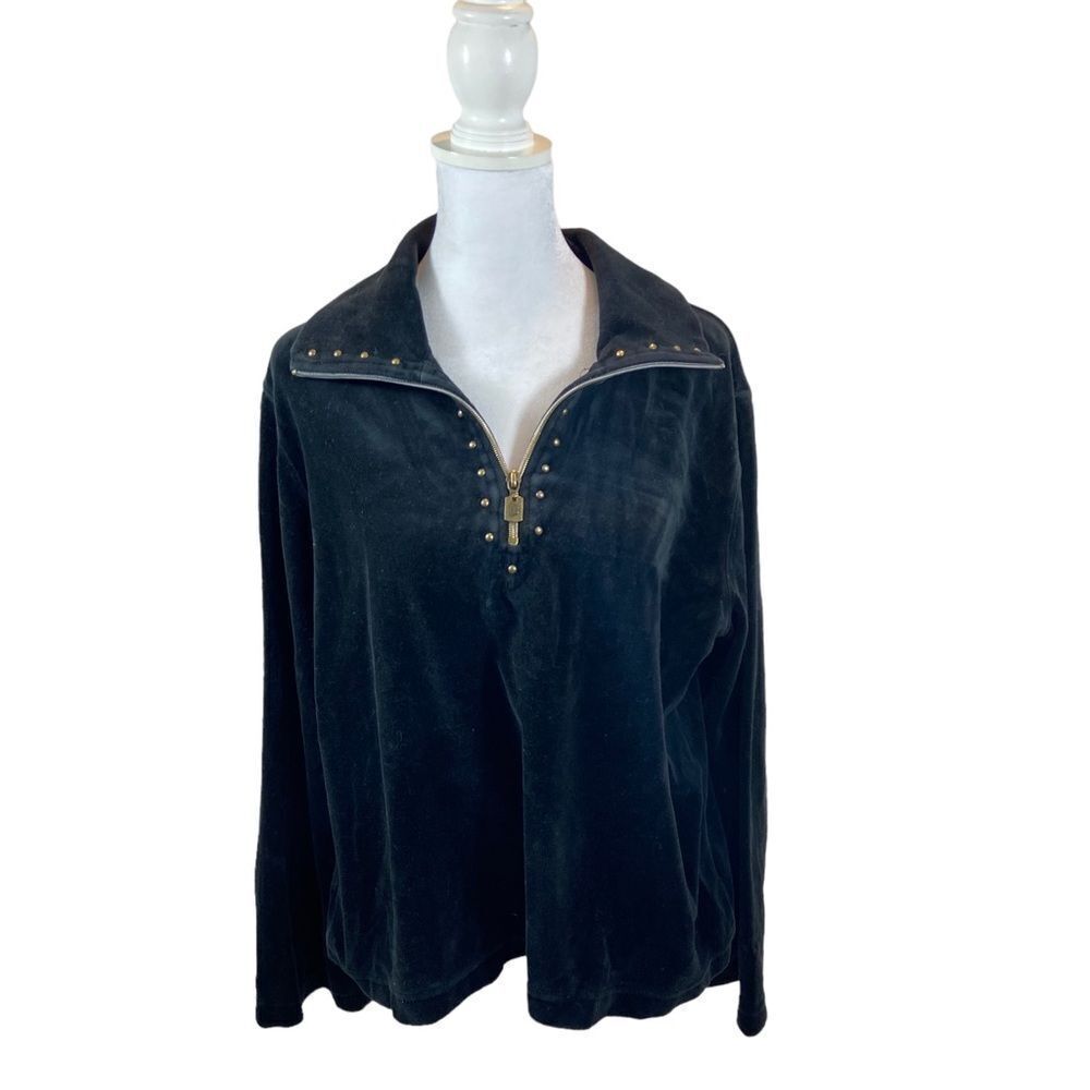 Oleg Cassini Sport Black Velour 1/4‎ Zip Top with Brass Rivets Size Large